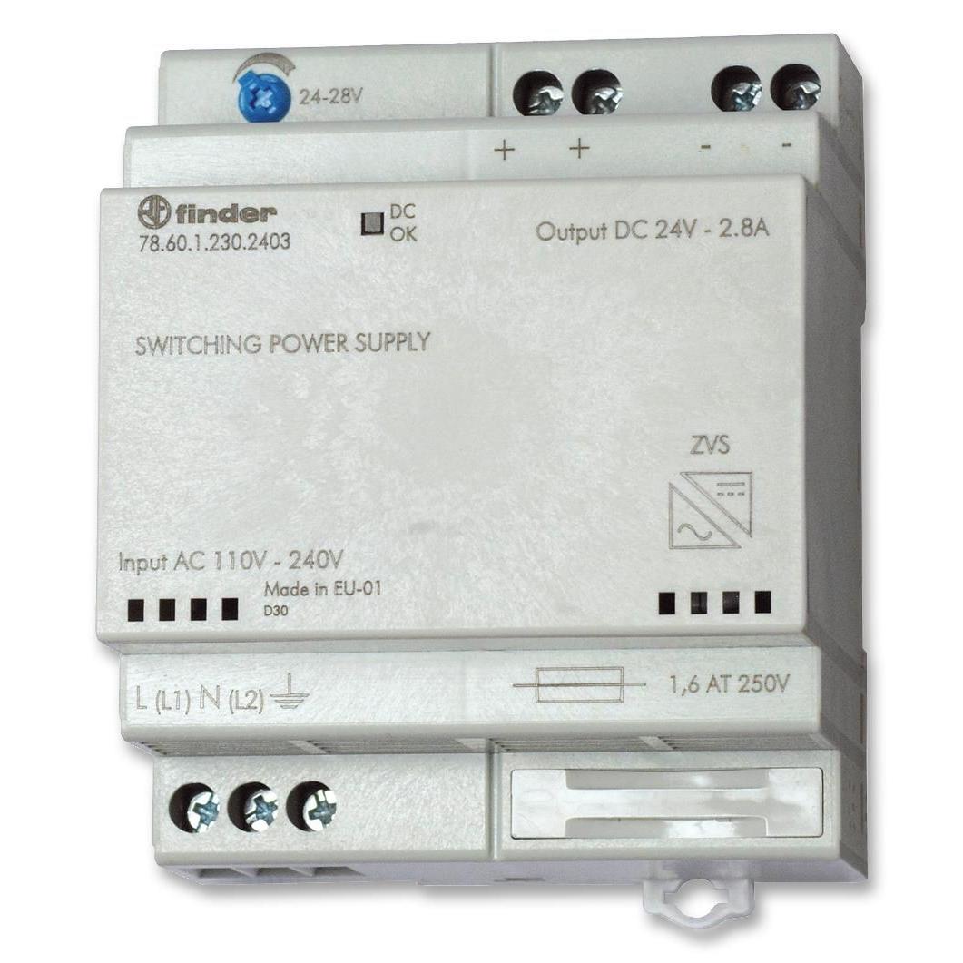 Импульсный источник питания; вход 110...240В AC; выход 24В DC, 60Вт; модульный, ширина 70мм; предохранитель входной цепи; настройка выходного напряжения; степень защиты IP20
