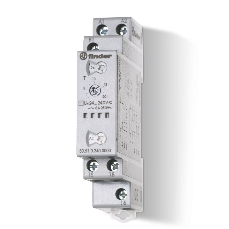Модульный таймер мультифункциональный (AI, DI, SW, BE, CE, DE); питание 24…240В АС/DC; 1CO 8A; ширина 17.5мм; регулировка времени 0.1с…24ч; степень защиты IP20