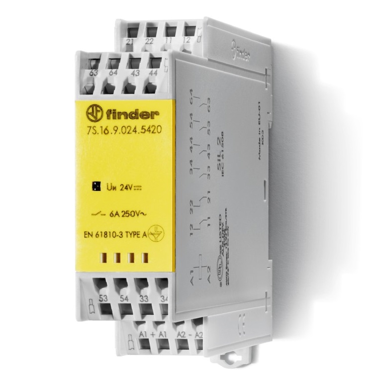 7S.16.9.012.0420	Модульное электромеханическое реле безопасности (реле с принудительным управлением контактами) SIL2; 4NO+2NC 6A; контакты AgNi; катушка 12В DC; ширина 22.5мм; степень защиты IP20