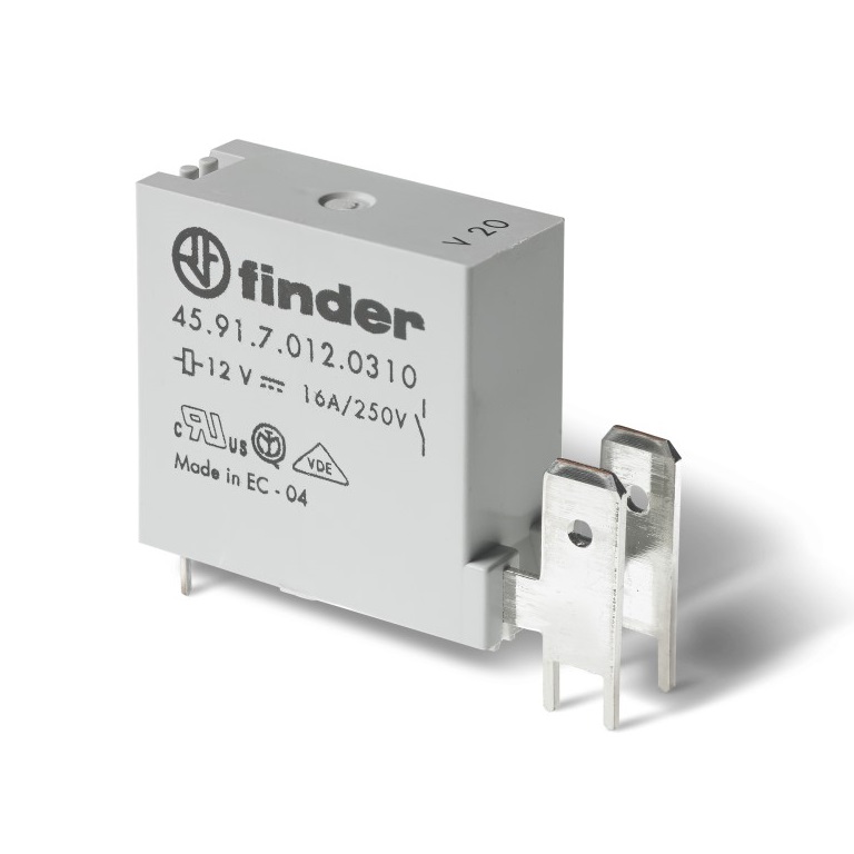 45.91.7.024.0311	Низкопрофильное миниатюрное электромеханическое реле; монтаж на печатную плату; выводы с шагом 5мм + Faston 250(6.3x0.8мм); 1NO 16A; контакты AgNi (зазор ≥ 3мм); катушка 24В DС (чувствит.); степень защиты RTIII