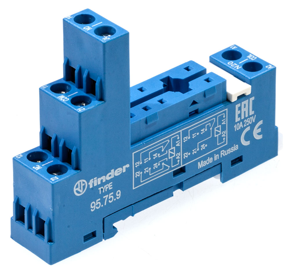 95.75.9SMA Розетка с винтовыми клеммами (с зажимной клетью) для реле 40.51, 40.52, 40.61, 40.62; применяются модули 99.01; в комплекте металлическая клипса 095.71; версия: синий цвет ; сделано в России