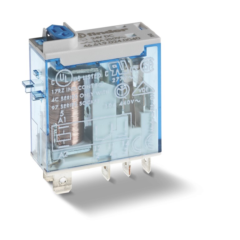 46.61.9.024.4074	Миниатюрное промышленное электромеханическое реле; монтаж в розетку или наконечники Faston (4.8х0.5мм); 1СO 16A; контакты AgSnO2; катушка 24В DC; влагозащита RTII; опции: кнопка тест + мех.индикатор +  LED(DC неполяризов.)