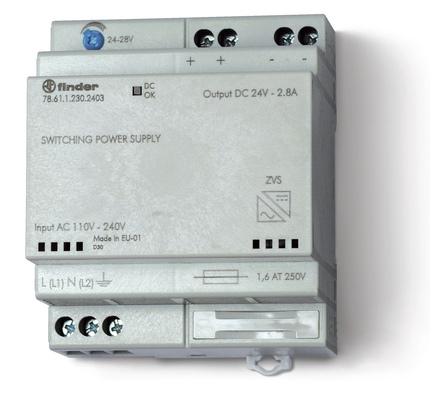 Импульсный источник питания; вход 110...240В AC; выход 24В DC, 60Вт; модульный, ширина 70мм; предохранитель входной цепи; настройка выходного напряжения; зарядка аккумуляторов; степень защиты IP20