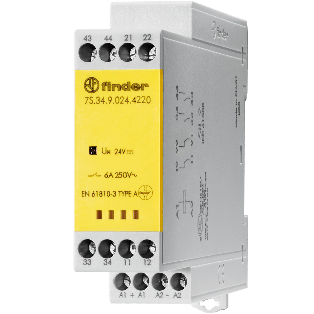 7S.34.9.024.4220	Модульное электромеханическое реле безопасности (реле с принудительным управлением контактами) SIL2; 2NO+2NC 6A; контакты AgSnO2; катушка 24В DC; винтовые клеммы; ширина 22.5мм;  степень защиты IP20