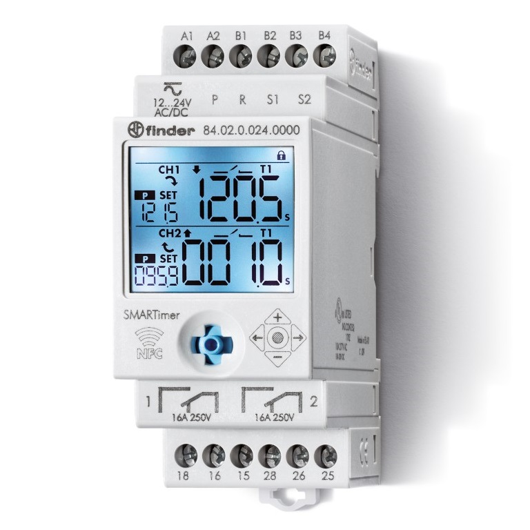 Электронный таймер мультифункциональный (25 функций); 2 независимых канала 1CO+1CO (16A);  питание 12…24В АС/DC; дисплей с подсветкой; два режима программирования: NFC или классический; регулировка времени от 0.1с. до 9999ч.