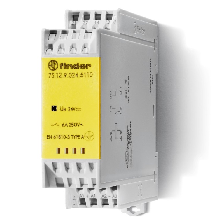 7S.12.9.012.5110	Модульное электромеханическое реле безопасности (реле с принудительным управлением контактами) SIL2; 1NO+1NC 6A; контакты AgNi+Au; катушка 12В DC; безвинтовые клеммы; ширина 22.5мм;  степень защиты IP20