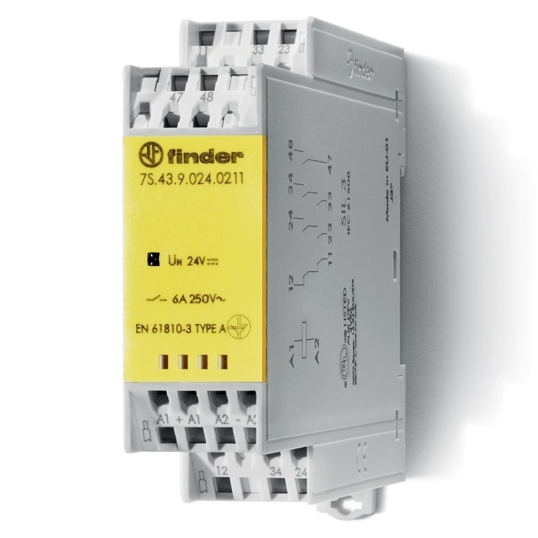 7S.43.9.012.0211	Модульное электромеханическое реле безопасности (реле с принудительным управлением контактами) SIL3; 2NO+1NC+1 AUX(доп.контакт) 6A; контакты AgSnO2; катушка 12В DC; безвинтовые клеммы Push-in; ширина 22.5мм;  степень защиты IP20