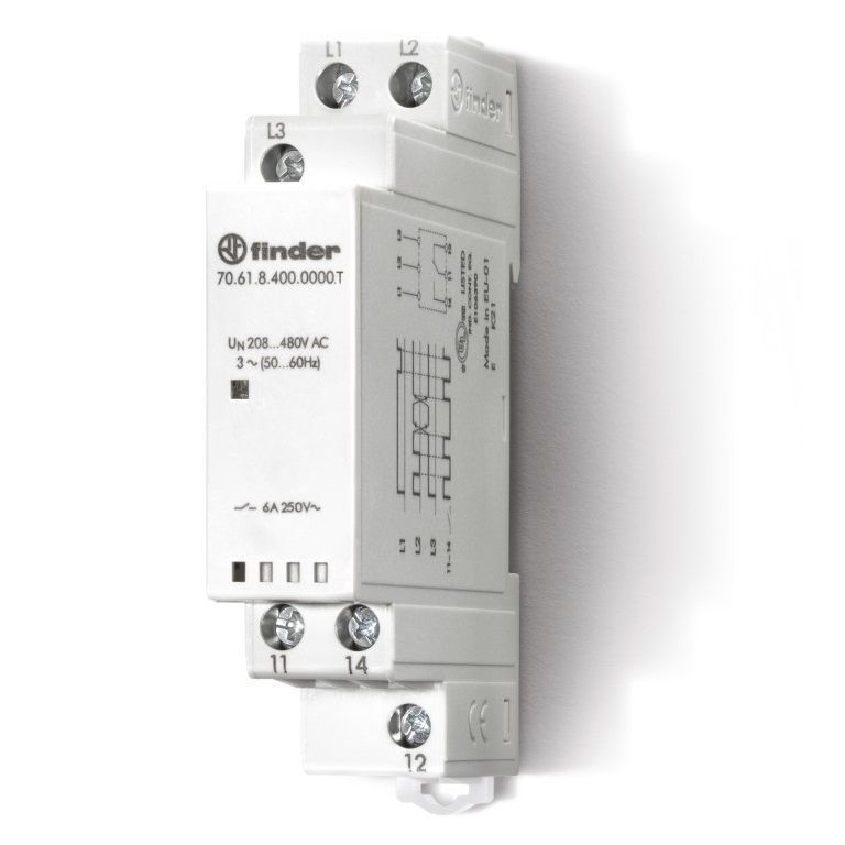 70.61.8.400.0000T	Контрольное реле для 3-фазных сетей; обрыв/чередование фаз, фиксированные регулировки; выход 1CO 6А; модульное, ширина 17.5мм; степень защиты IP20; специальная версия для Ж/Д-транспорта