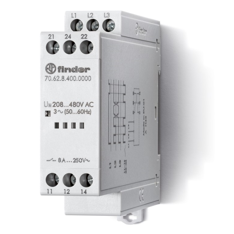70.62.8.400.0000T	Контрольное реле для 3-фазных сетей; обрыв/чередование фаз, фиксированные регулировки; выход 2CO 8А; модульное, ширина 22.5мм; степень защиты IP20; специальная версия для Ж/Д-транспорта