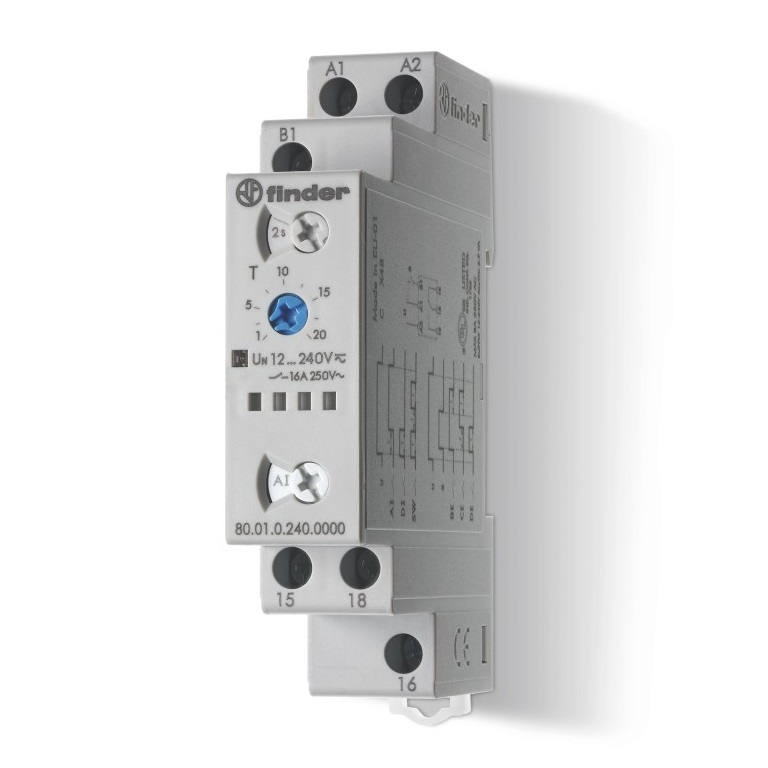 Модульный таймер мультифункциональный (AI, DI, SW, BE, CE, DE); питание 12…240В АС/DC; 1CO 16A; ширина 17.5мм; регулировка времени 0.1с…24ч; степень защиты IP20