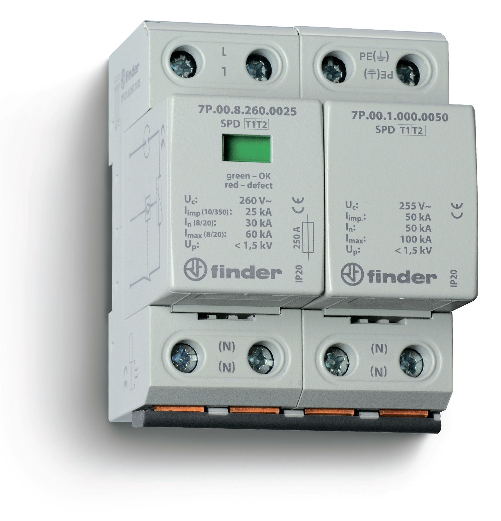 7P.02.8.260.1025 Устройство защиты от импульсных перенапряжений УЗИП тип 1+2 (1 варистор/искровый разрядник + 1 искровый разрядник)